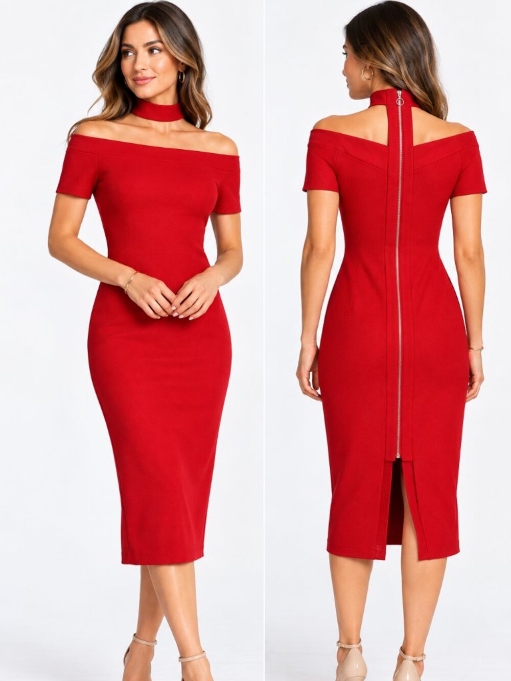 Nicole Miller Red Off Shoulder Choker Midi Dress Size 4 Cocktail Date Night